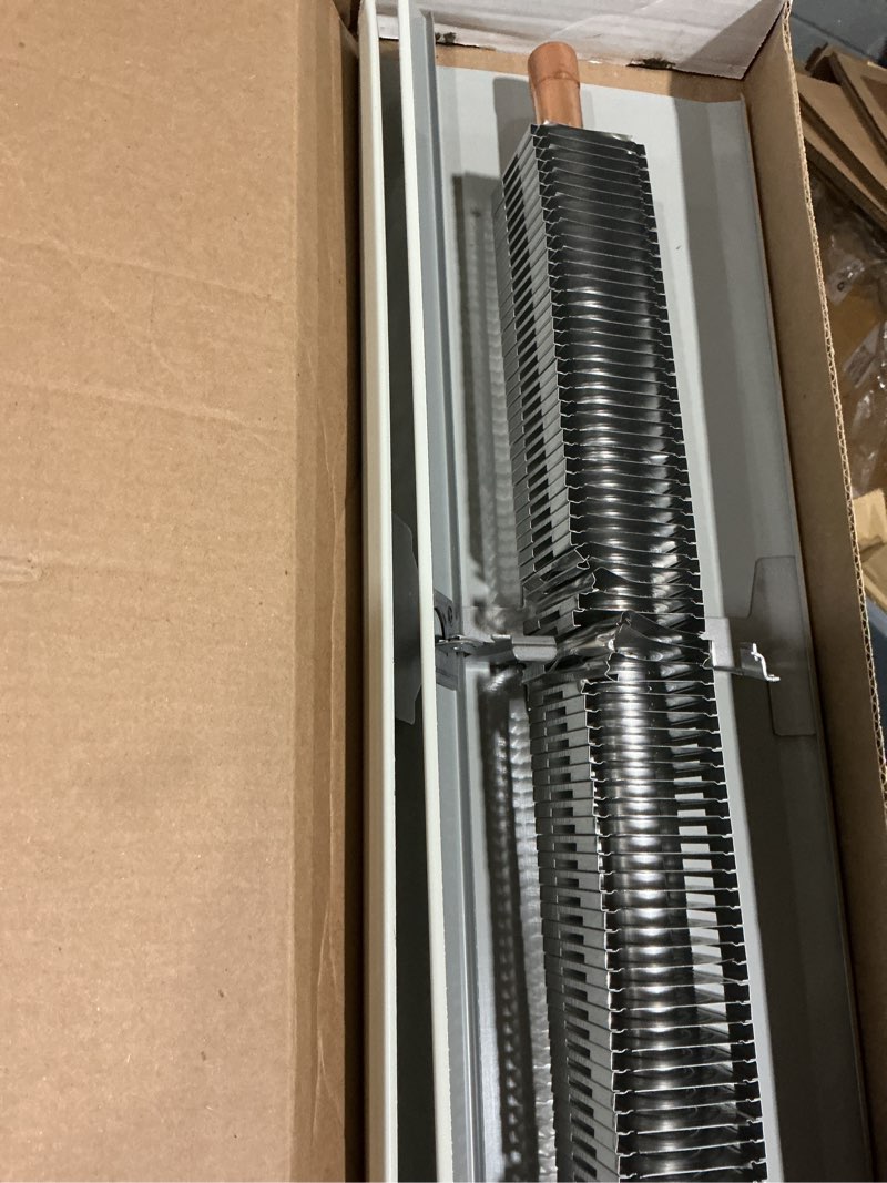 Condition photo showing As Is for fine/line 30 8 ft. hot water baseboard heater with fully assembled element and enclosure in nu white