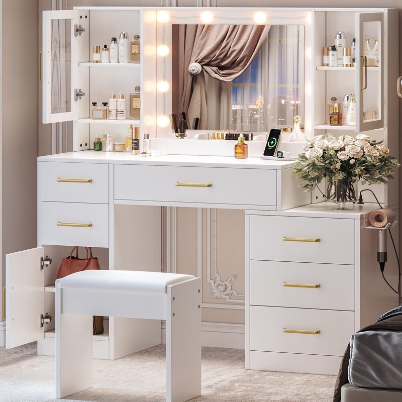 Vanity Desk with Mirror and Lights, Makeup Vanity Set with 6 Drawers and Shelves, Vanity with Charging Station, Vanity with Stool & 3 Lighting Color Adjustable
