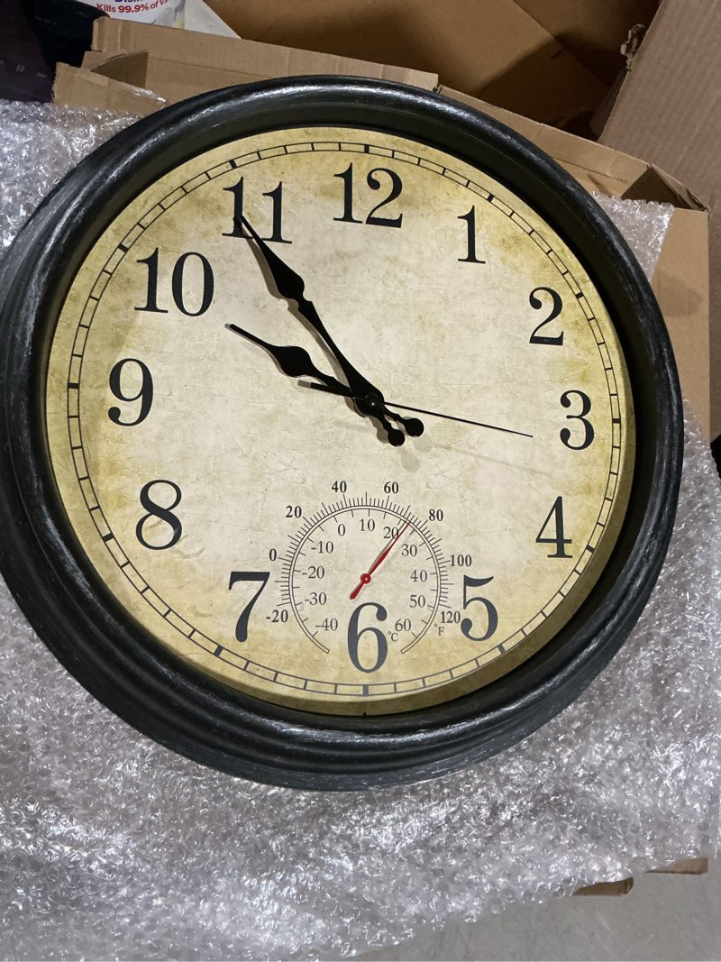 Condition photo showing Good Condition for 16 inch large outdoor clock, waterproof wall clock with thermometer, battery operated silent non-ticking vintage wall clock quartz round clock home decor,black bronze