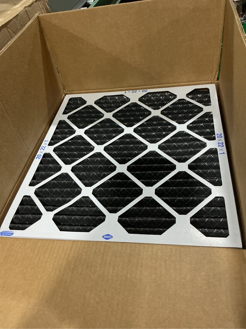 Condition photo showing As Is for clorox 20x20x1 air filter, merv 8 with carbon, reduces pet smells, cooking smells and more, pleated hvac ac furnace filter, 4-pack (actual size 19.75 x 19.75 x 0.75), made in usa merv 8 odor