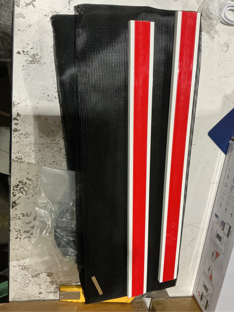 Condition photo showing New/Like New for magnetic screen door with sliding track, fits 32'' x 80'' door, classic center-opening, scratch-proof polyester mesh, retractable to both sides, hands-free entry with maximizes usable space, black black fits door size 32''x80''