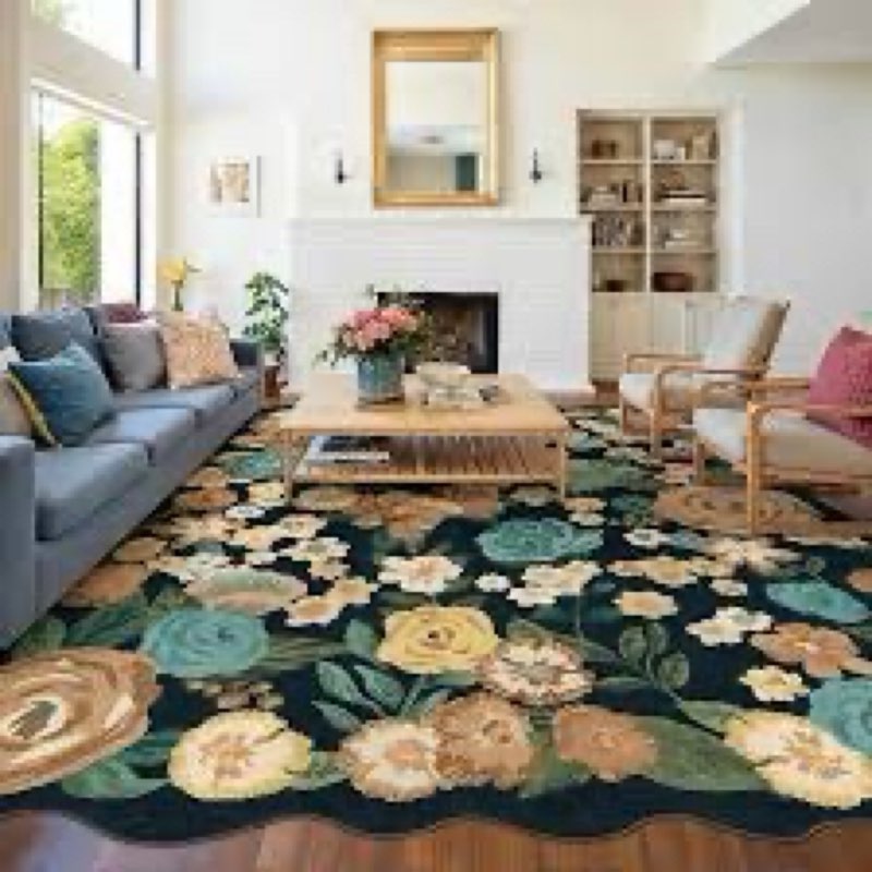 PureCozy Washable Floral Area Rug 8x10 Black Living Room Large Carpet Bedroom Scalloped Flower Non S
