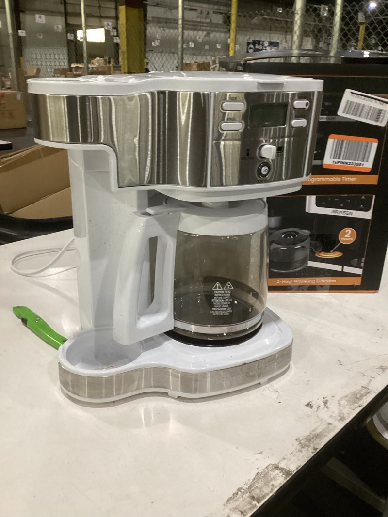 Condition photo showing As Is for hamilton beach 2-way programmable coffee maker, 12 cup glass carafe and single serve coffee maker, white with stainless steel accents, 49933 12 cup white
