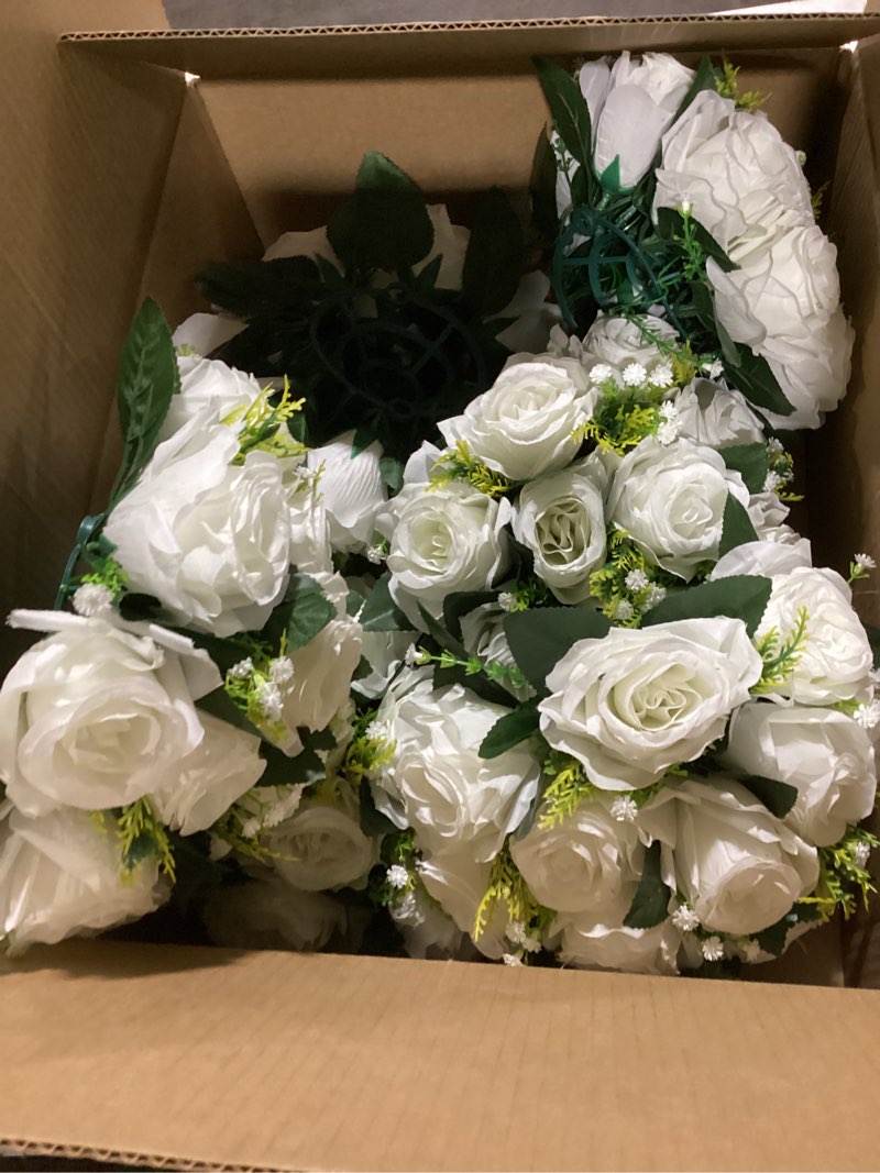 Condition photo showing Good Condition for NUPTIO Pcs of 6 Fake Flower Ball Arrangement Bouquet,15 Heads Plastic Roses with Base, Suitable for Our Store's Wedding Centerpiece Flower Rack for Parties Valentine's Day Home Décor (Pure White) 6 Pcs White