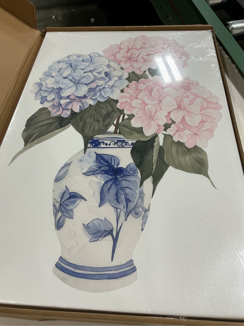 Condition photo showing New/Like New for songzest 3 piece pink and blue floral canvas framed wall art chinoiserie flower art prints hydrangea pictures wall decor aesthetic paintings artwork for bedroom bathroom living room 16x24in flower-1 wrapped canvas 16x24 canvas