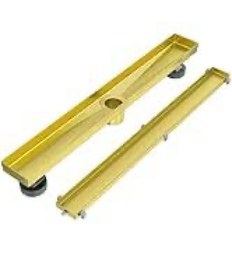 EXF Offset Linear Shower Drain 18 Inch Brushed Gold with Reversible Tile in Cover, Stainless Steel Rectangle Shower Floor Drain with Hair Catcher, Adjustable Feet Brushed Gold 18 IN