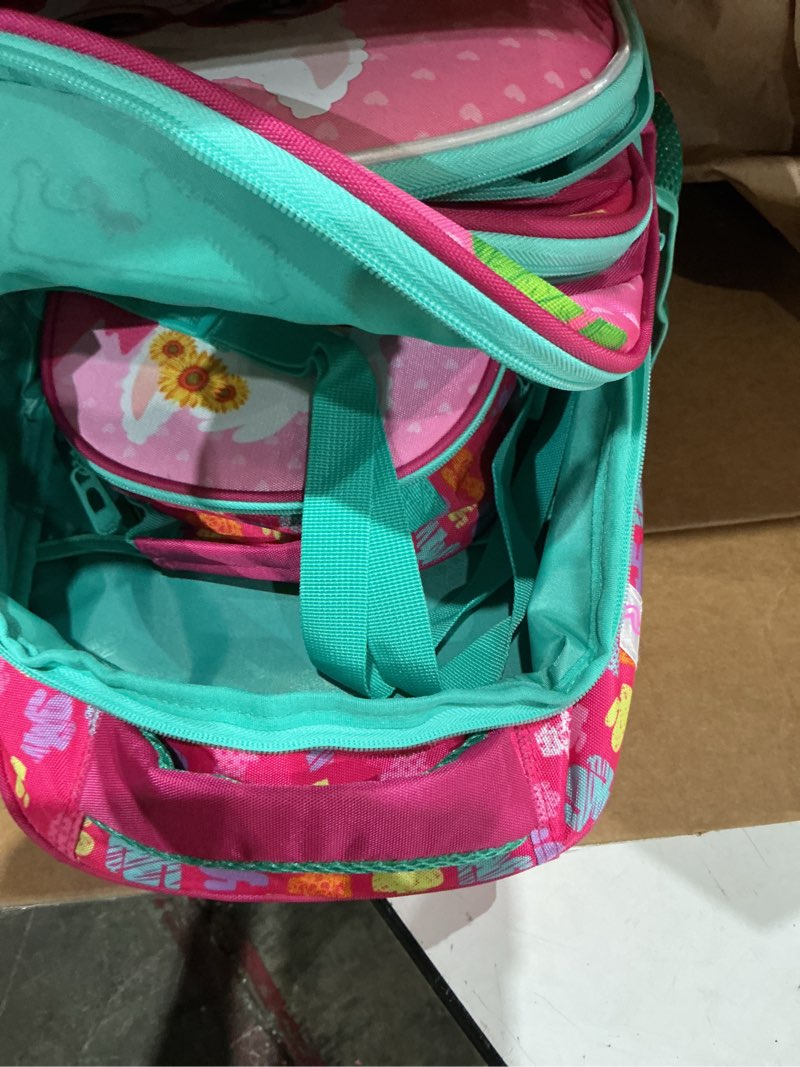 Condition photo showing As Is for (incomplete , missing pieces, no pencil bag)echildren school bag set with wheeled backpack, lunch bag, and pencil case for studentse