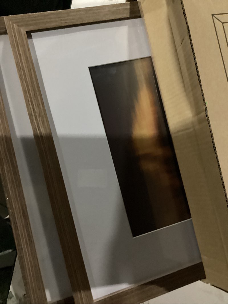 Condition photo showing New/Like New for 16x20 poster frame, display pictures 11x14 with mat or 16x20 without, wall hanging frames, rustic brown, 3 pack brown 16x20