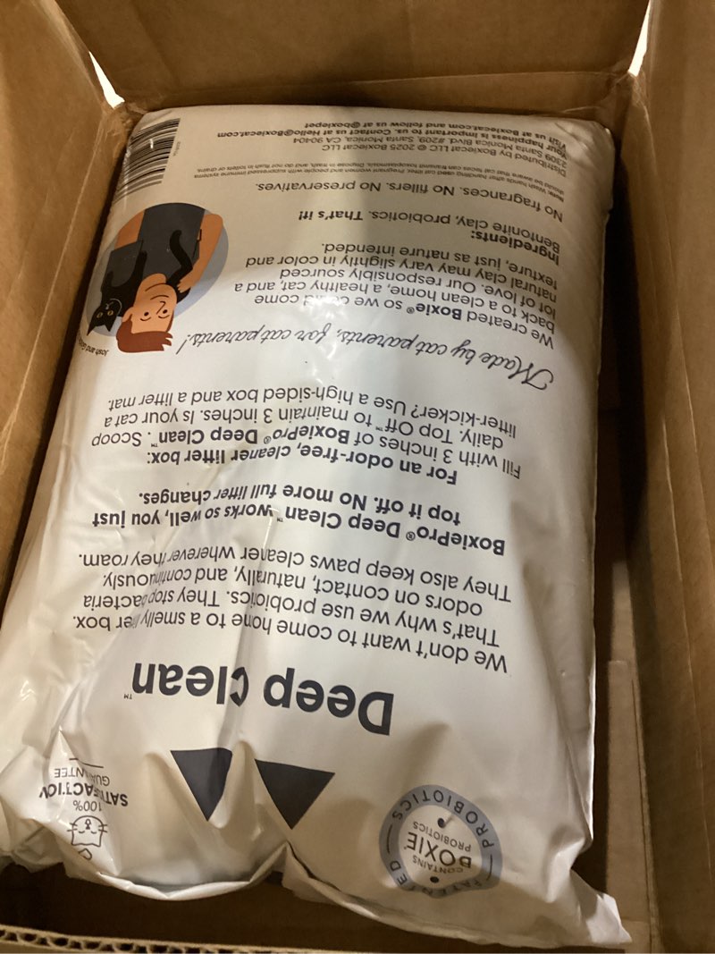 Condition photo showing New/Like New for boxie probiotic cat litter, 40 day odor control, clumping clay kitty litter, odor eliminating probiotics, dust-free, no fragrances no fillers, 40 lb pro 40 lb