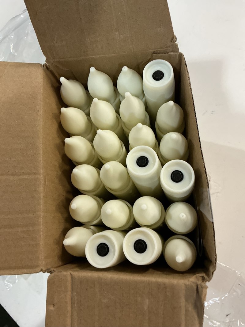 Condition photo showing Good Condition for 24 Packs Flameless Taper Candles Battery Operated Candlestickes Electric LED Candles Flickering Christmas Candlesticks Warm Yellow Light Halloween Fall Decor H: 6 inches No Remote 24Pcs_No Remote