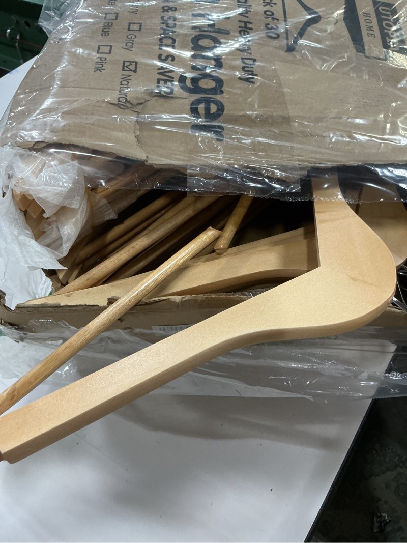 Condition photo showing As Is for utopia home premium wooden hangers 30 pack - heavy duty & durable coat hanger - wood hanger with 360-degree rotatable hook - clothes hangers with non-slip shoulder notches for shirts & coats (natural) natural pack of 30