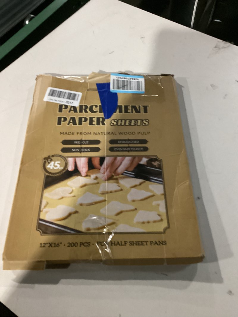 Condition photo showing New/Like New for 200 Pcs Parchment Paper Sheets, 12 x 16 Inch, Precut Non-Stick Parchment Sheets for Baking, Cooking, Grilling, Air Fryer and Steaming - Unbleached, Fit for Half Sheet Pans