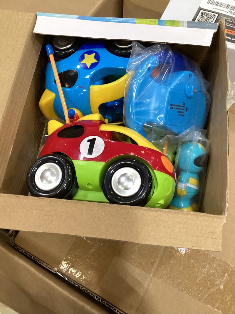Condition photo showing Good Condition for prextex 2 pack cartoon remote control cars for toddlers - police car and race car with steering wheel controllers and lights - different frequencies racing together - easter toddler gift 18+ months race car/police car
