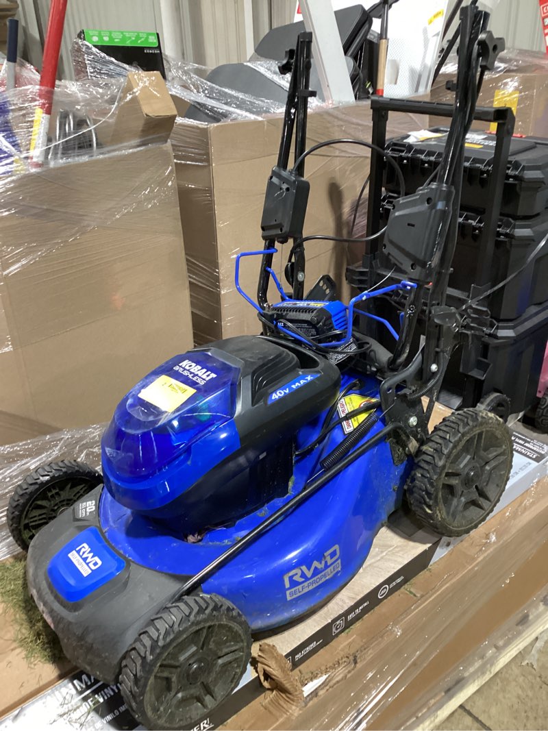 Condition photo showing As Is for kobalt 24-volt, 20-in self propelled battery walk mower with (battery and charger not included) 