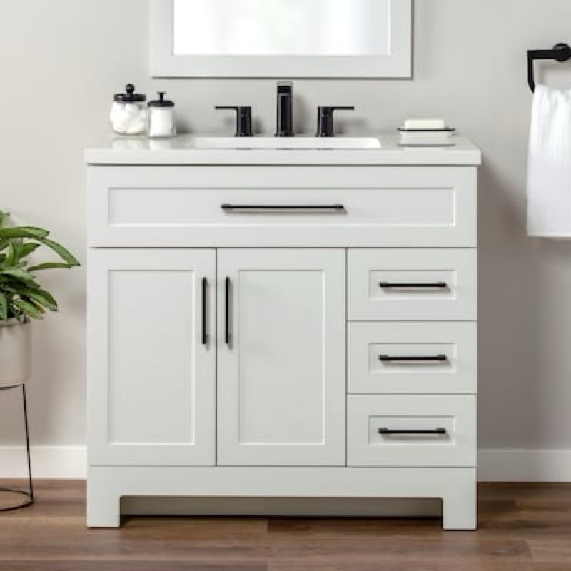 style selections cauley 36-in true white single sink bathroom vanity with white cultured marble top