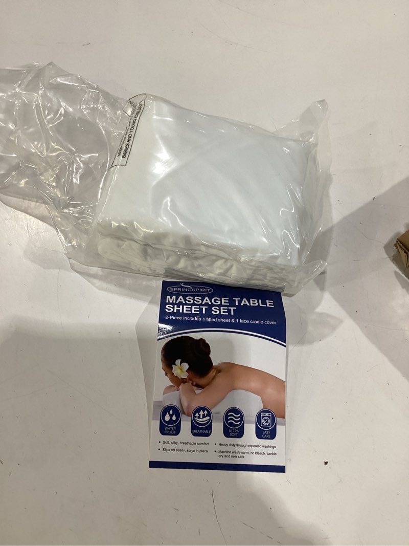 Condition photo showing New/Like New for massage table sheets 100% waterproof 2-piece massage table cover sets multi-sizes include massage fitted sheet & face cradle cover ultra soft & skin-friendly fit massage table & facial bed 77''×36''×7'' white