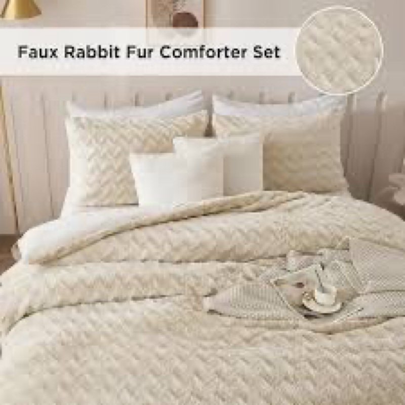 Andency Thick Beige Comforter King Size (104"x90"), Reversible Soft Fluffy Bedding Set, Faux Fur She