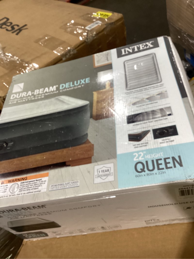 Condition photo showing As Is for intex 64417ed 22in queen dura-beam comfort plush high-rise inflatable air mattress with built in pump for travel and camping, 600lb weight capacity 22" grey queen