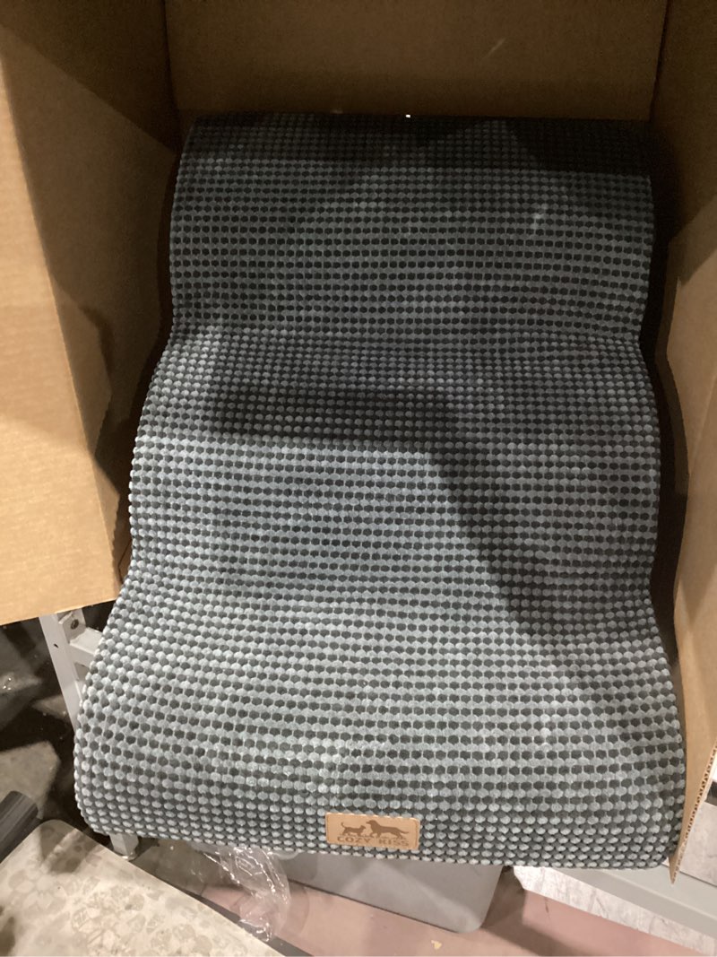 Condition photo showing As Is for dog stairs for small dogs 15.7" h, curved dog step for puppy, older cat, medium pet ramp for sofa, couch or chair, ladder with high density foam, 3 step, 15.7x22.4x15.7 inch, charcoal grey charcoal grey 3 15.7x22.4x15.7in