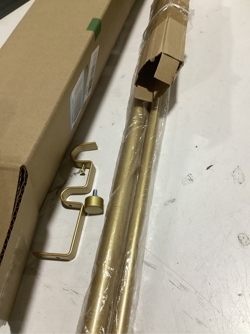 Condition photo showing As Is for olv gold double curtain rods for windows 72 to 144 inch(6 to 12 feet),1 inch adjustable dual curtain rod, heavy duty double drapery pole with end cap design for living room, bedroom, farmhouse 72-144 gold