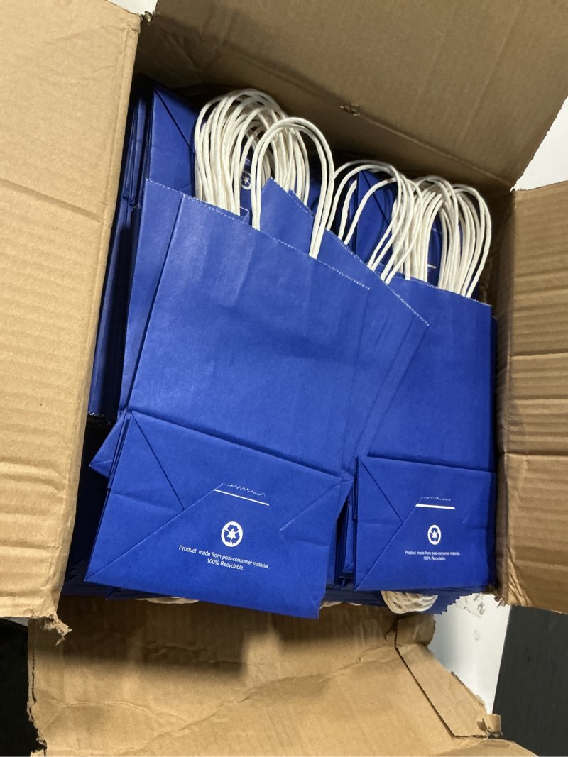 Condition photo showing Good Condition for BagDream Royal Blue Gift Bags with Handles Bulk 100Pack 5.25x3x8 Inch Small Kraft Paper Bags for Wedding, Party Favors, Business, Retail, Blue Paper Gift Sacks