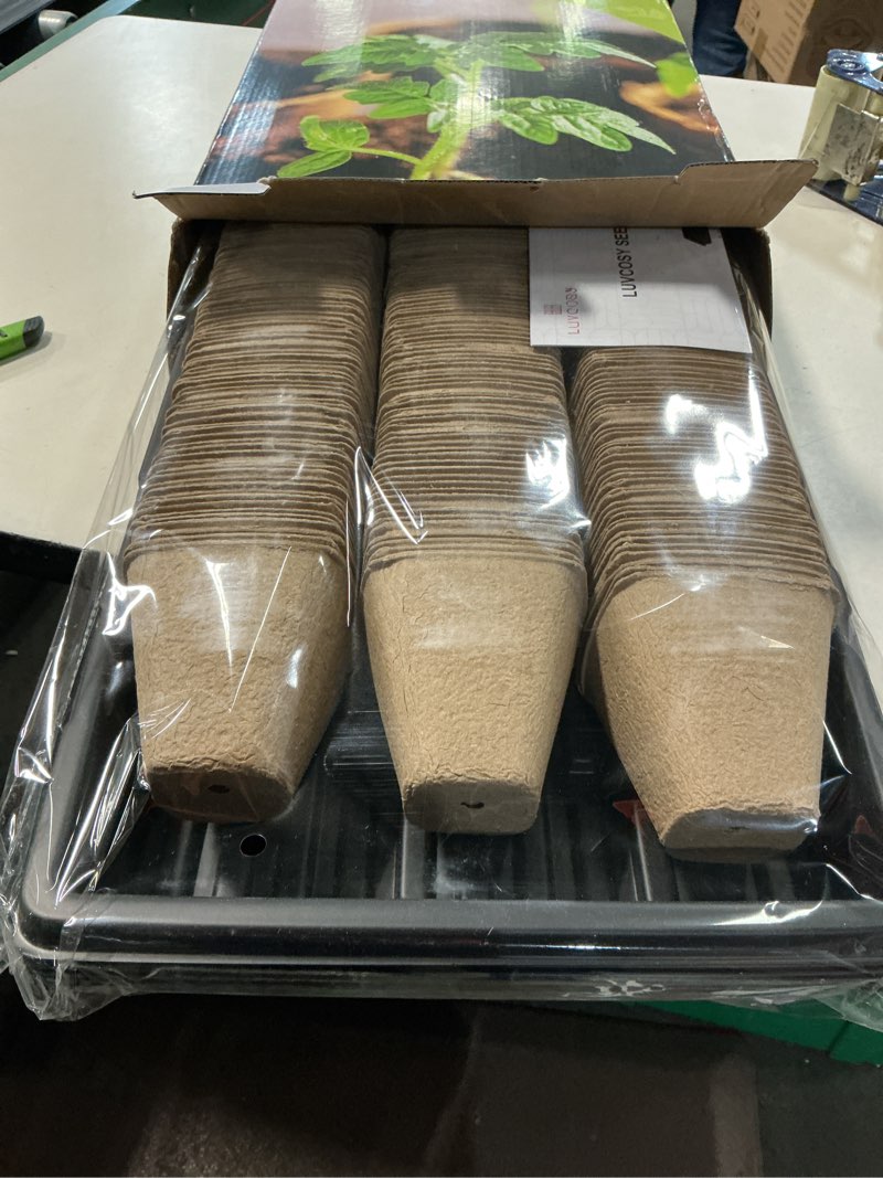 Condition photo showing Good Condition for luvcosy seed starter kit, 5 pack 1020 planting trays + 300 biodegradable 3inch peat pots for seedlings + 200 plant labels + scissors + 2 plant tools for outdoor indoor gardening