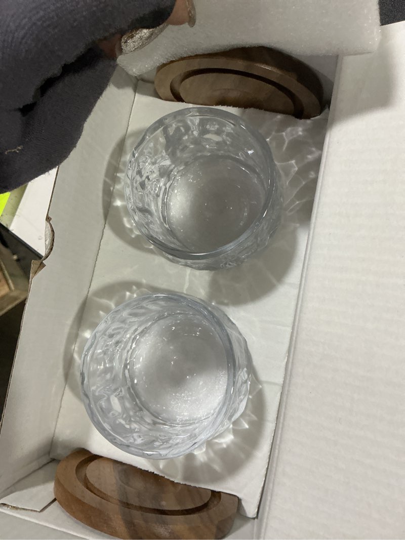 Condition photo showing Good Condition for whiskey glasses set of 2, rotatable tumbler crystal glass cups, drinking glasses with 2pcs creative walnut coasters and gift box - for scotch,bourbon,cocktails lce rock + walnut coaster