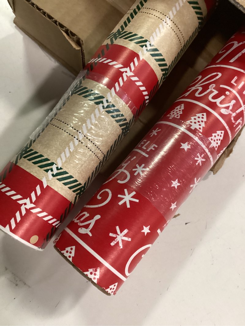 Condition photo showing Good Condition for American Greetings Christmas Wrapping Paper Set, Red and Tan Brown Holiday Gift Wrap (120 sq. ft., 4 rolls-30 in. x 12 ft., 7 Adhesive Bows, 30 Gift Tag Stickers) Plaid, Stripes, and Snowmen Brown, Red, White, Green