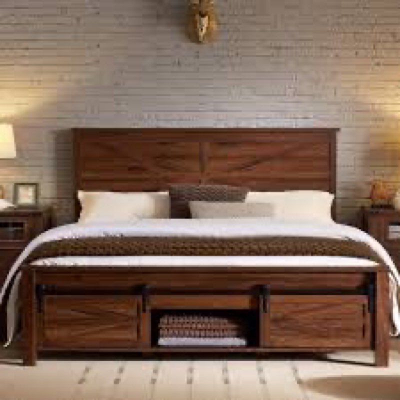 argana farmhouse wood bed frame with headboard and sliding barn door storage cabinets