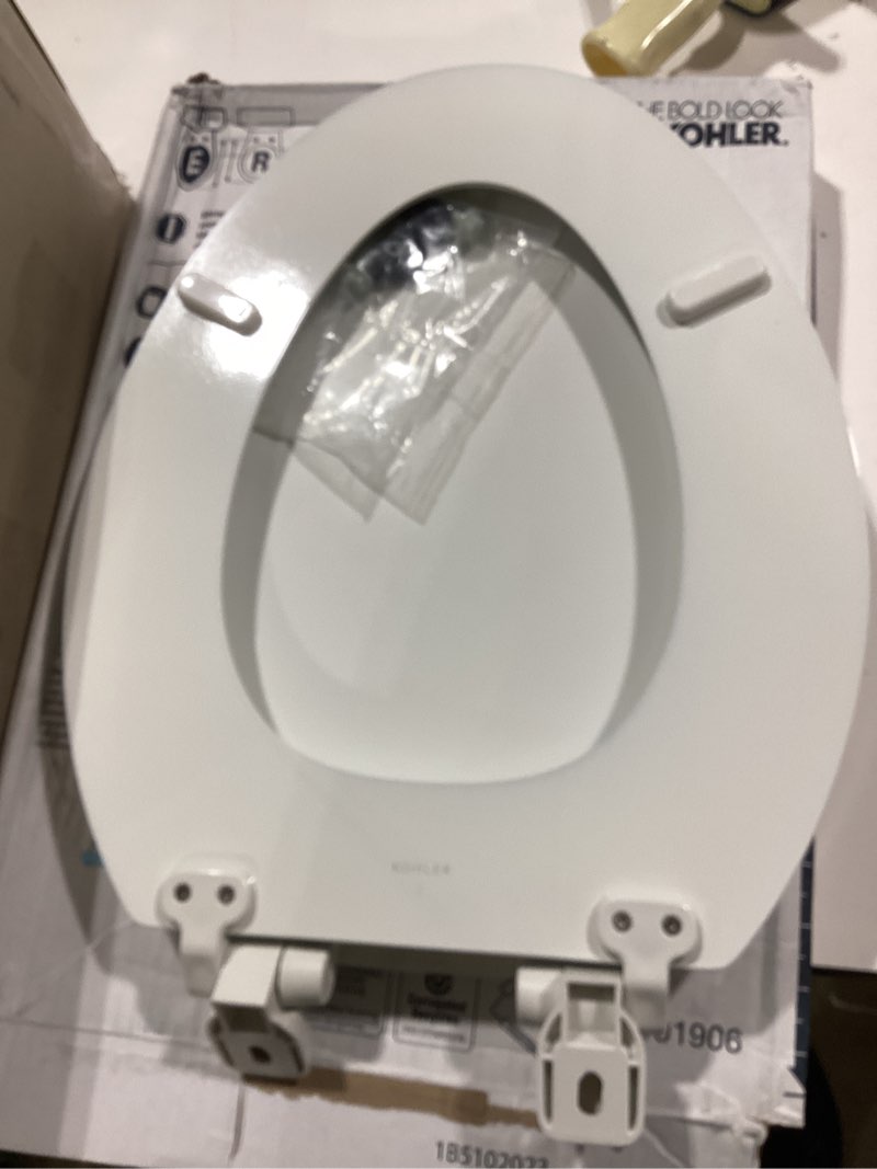 Condition photo showing Good Condition for kohler stonewood quiet-close elongated toilet seat, slow close design, durable wood, easy installation, universal fit, white finish, k-20466-0