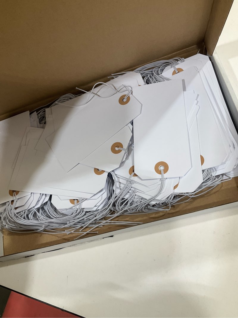 Condition photo showing Good Condition for prudiut 200pack white 4.72x 2.36inches paper tags with elastic string, reinforced hole, for christmas gifts, inventory, writable, gift tags, hang tags