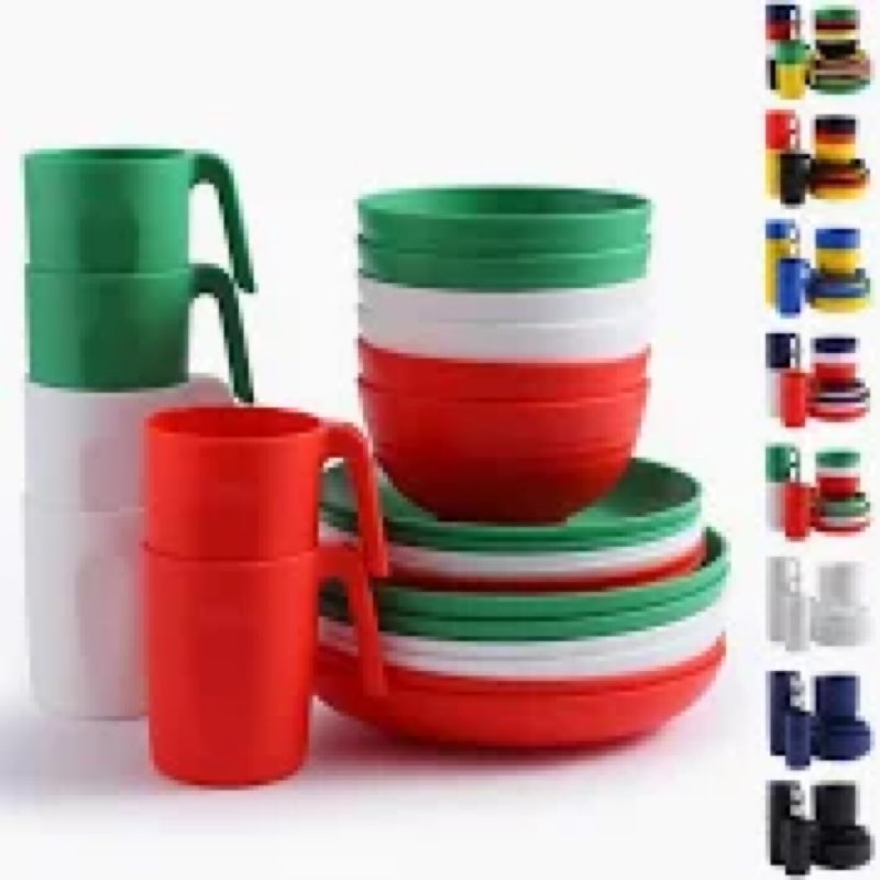 Berglander Plastic Dinnerware Sets 24pcs Service for 6, IT Color Reusable Plates and Bowls Sets, Dis