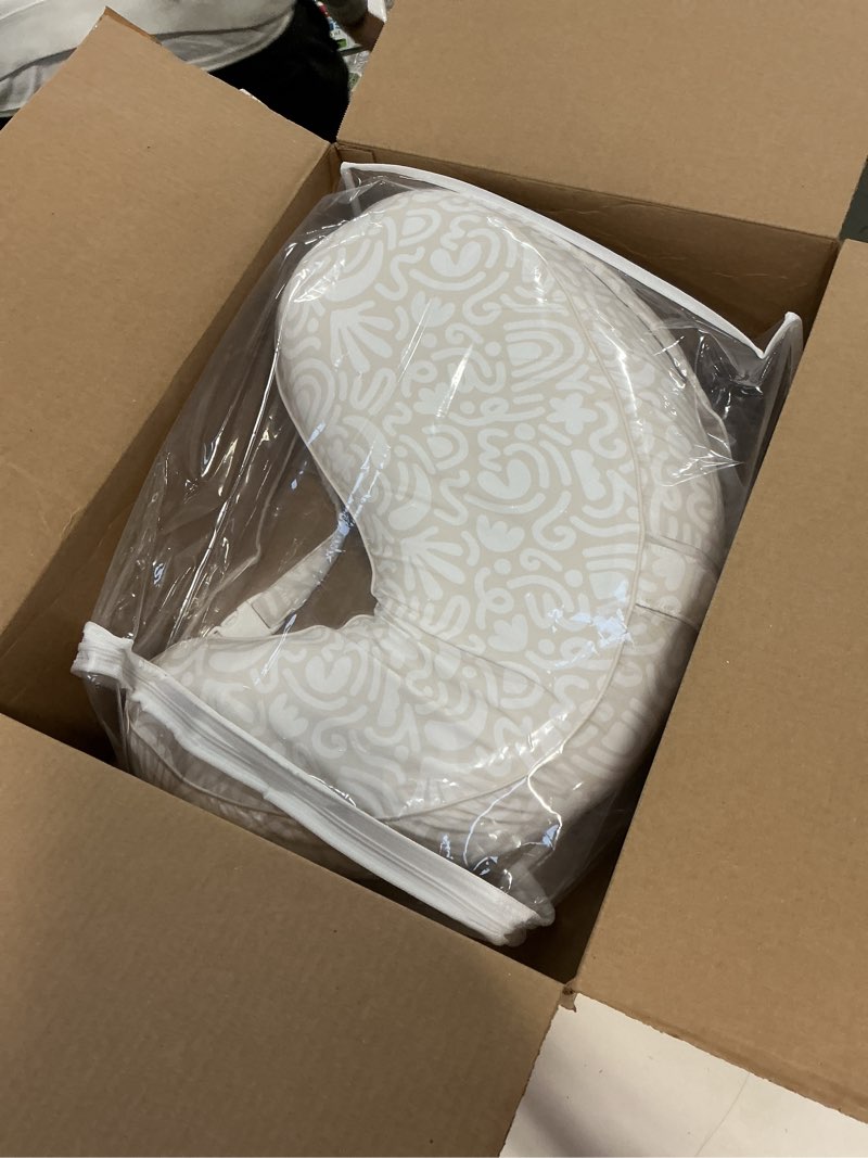 Condition photo showing New/Like New for Boppy Uplift Nursing Pillow - Wedge Bottle & Breastfeeding Pillow to Reduce Spit-Up and Reflux Symptoms, with Body-Inclusive Opening and Belt, Baby Safety Alliance Verified - Cream Retro Squiggles Pillow Cream Retro Squiggles