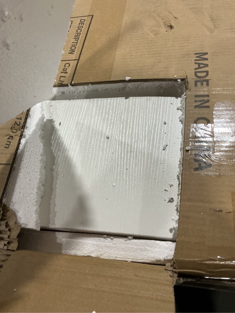 Condition photo showing As Is for DWANTON Litter Box Enclosure, Cat Litter Box Furniture Hidden, with Scratching Mat, Wooden Cat Washroom Indoor, 31.5" L x 19.7" W x 21.7" H, White