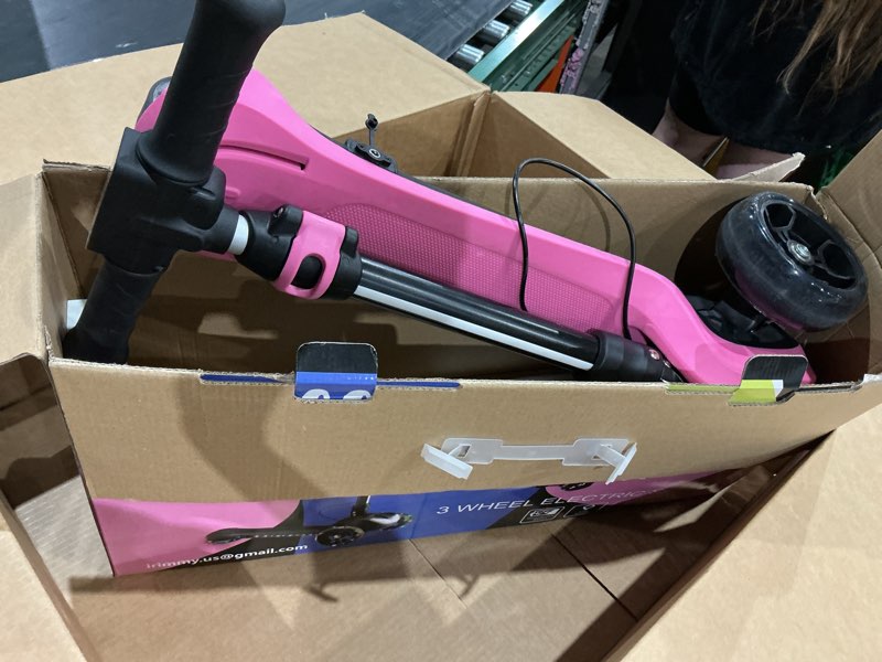 Condition photo showing As Is for (used)(as is)24v electric scooter for kids w/150w powerful motor, thumb throttle, lcd screen, bluetooth, light-up stem deck & wheels, 3 adjustable heights, 5mph safe speed, 3 wheel electric scooter for kids pink