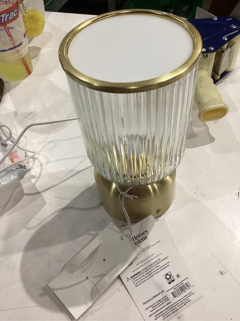 Condition photo showing As Is for better homes & gardens 9 inch height glass uplight, touch switch, usb-c charging cable included