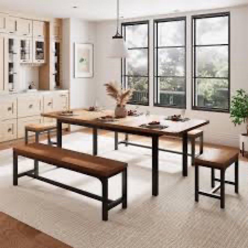 Einhomn 5 Piece Dining Table Set for 4-6, 63" Extendable Kitchen Table Set with 2 Benches & 2 Stools