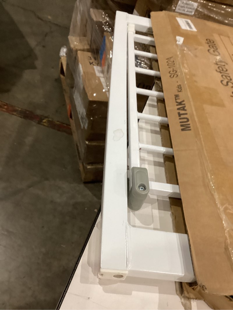 Condition photo showing As Is for 29-48" baby gate for stairs, baby safety essentials, auto close gate for doorways, easy install pressure mounted dog gate indoor, pet gates for dogs, white basic model 29-48"w×30"h