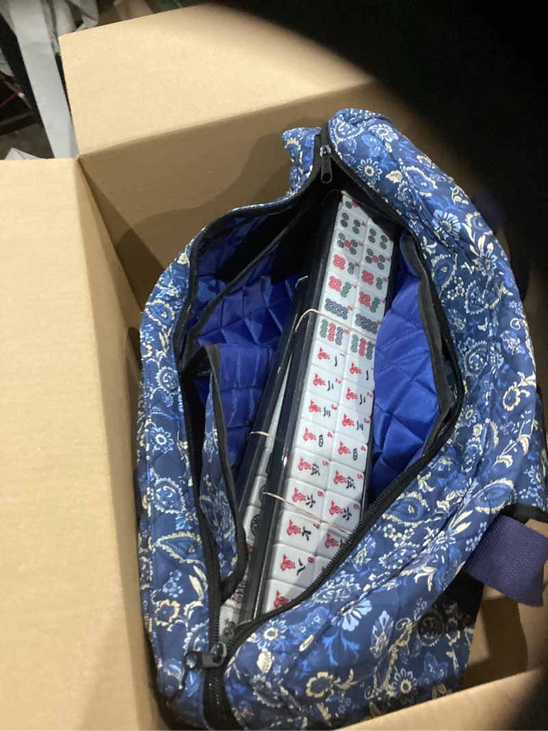 Condition photo showing As Is for american mahjong set with blue carrying bag, 166 white tiles, 4 all-in-one rack/pushers, mahjong tiles set (ma jong, mah-jongg, majiang)