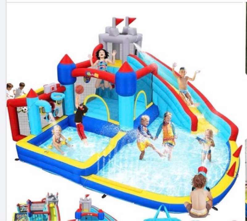 ks bh040 inflatable water slide bounce house for kids 3-12, 15ft mega water slide park w/long slide, climbing, jumping, 2 splash pool, hoop, water cannon, backyard blow up waterslide (castle splash)