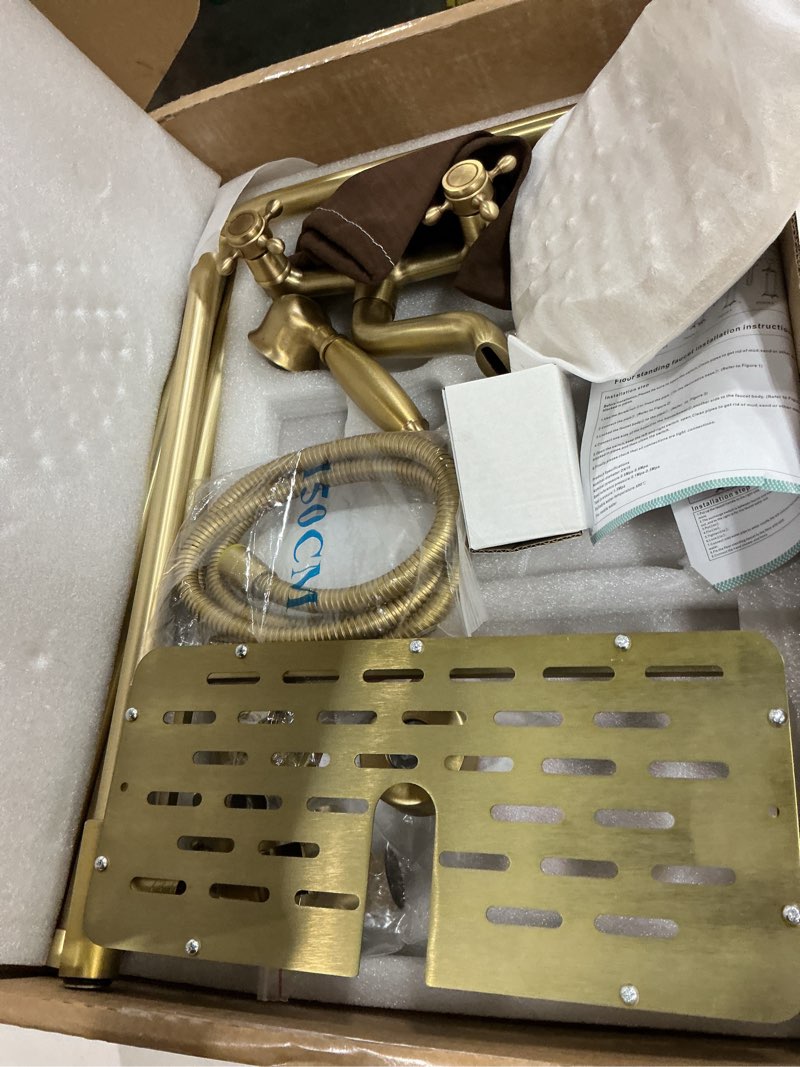 Condition photo showing Good Condition for antique brass shower fixture bathroom shower faucet set 8 inch rainfall shower head handled shower waterfall tub spout wall mounted outdoor shower system with shower shelf with shower shelf antique brass-03