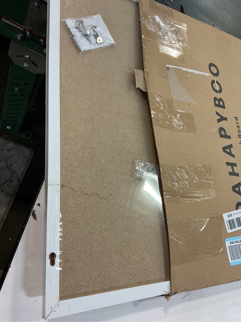 Condition photo showing As Is for cork board with linen white,bulletin board 36"x24" hanging corkboards for office home school message board or vision board decoration. white 36" x 24"
