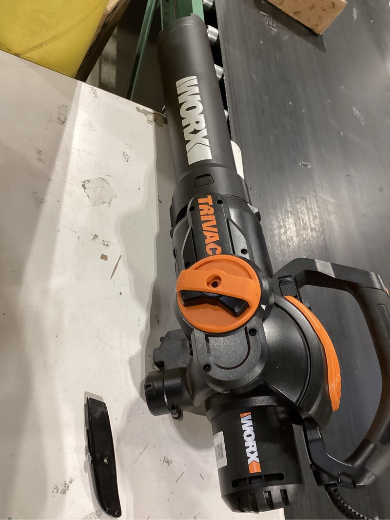 Condition photo showing As Is for worx trivac 3 in 1 electric leaf blower for lawn care, leaf vacuum with 350 cfm & 210 mph, leaf mulcher with metal impeller, wg509 350cfm blower/vac/mulcher