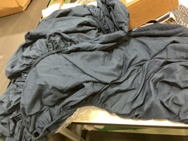 Condition photo showing As Is for amazon basics lightweight super soft easy care breathable microfiber 4 piece bed sheets set with 14-inch deep pockets, king , navy blue, solid