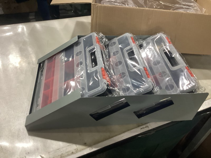 Condition photo showing New/Like New for Hanging Tote Kit for Van Shelving Storage, Work Van Organizers and Storage Boxes, 3 Small Parts Tool Box Organizer 63 Compartments and 1 Metal Hanging Organizer Holder, Van Shelf Accessories