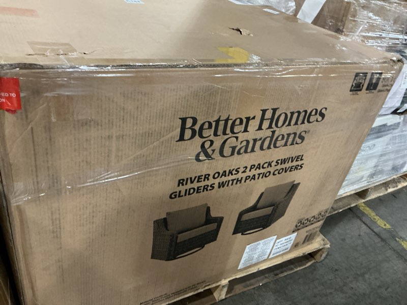 Condition photo showing New/Like New for better homes & gardens river oaks outdoor swivel gliders with patio covers  set of 2  natural