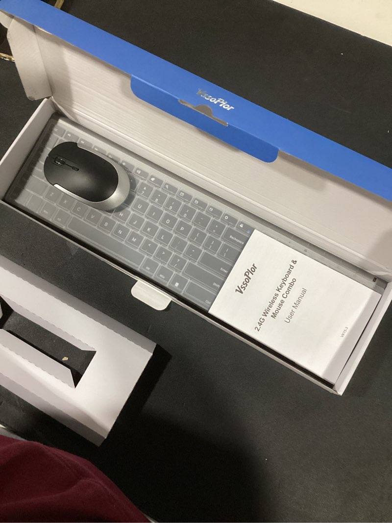 Condition photo showing Good Condition for Wireless Keyboard and Mouse, Vssoplor Rechargeable Quiet Full-Size Keyboard and Mouse Combo Set Ultra Slim Design for Laptop, PC, Notebook, Desktop-Dark Gray