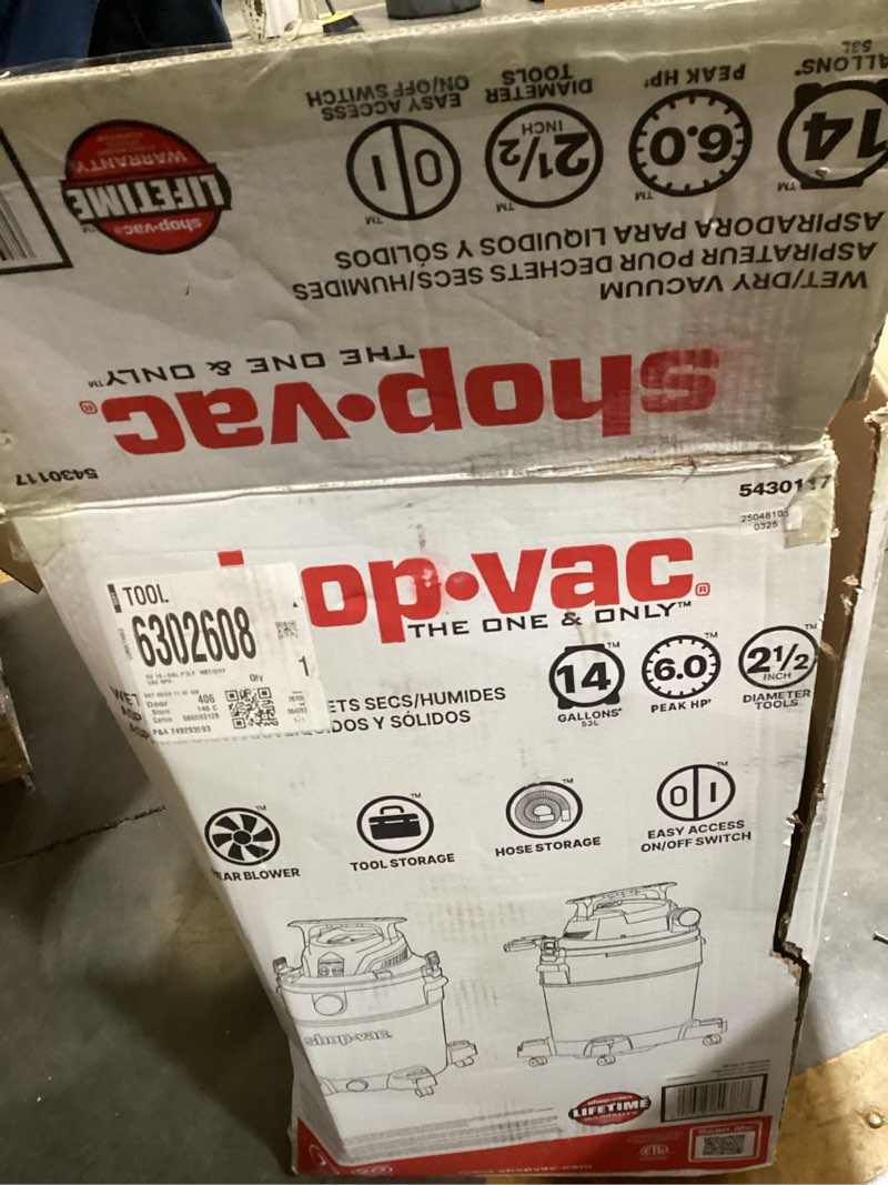 Condition photo showing As Is for shop-vac 14-gallon 6 hp corded wet/dry shop vacuum with accessories included