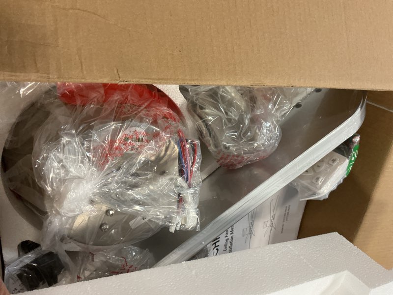 Condition photo showing As Is for 52 Inch Ceiling Fans with Lights and Remote, Brushed Nickel Flush Mount Low Profile Ceiling Fan for Bedroom, Living Room, Patio, Dimmable 6 Speeds Noiseless, ETL Listed Brushed Nickel 52 Inch