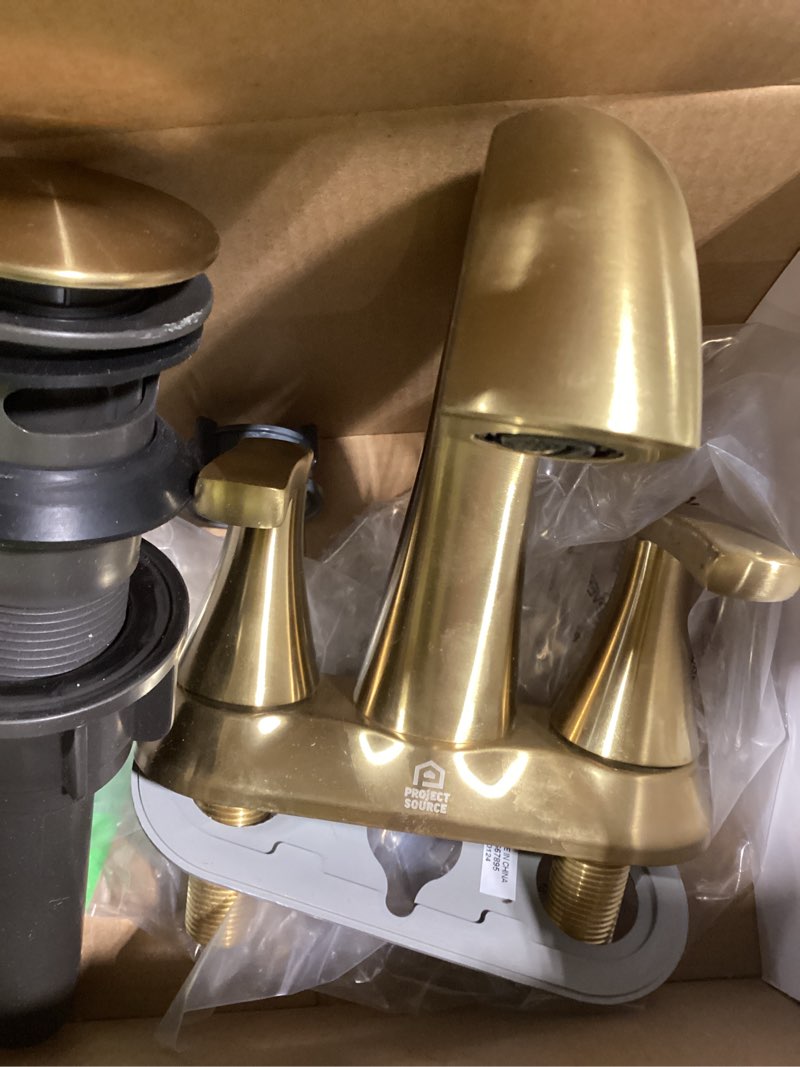 Condition photo showing As Is for project source brushed gold 4-in centerset 2-handle watersense bathroom sink faucet with drain and deck plate
